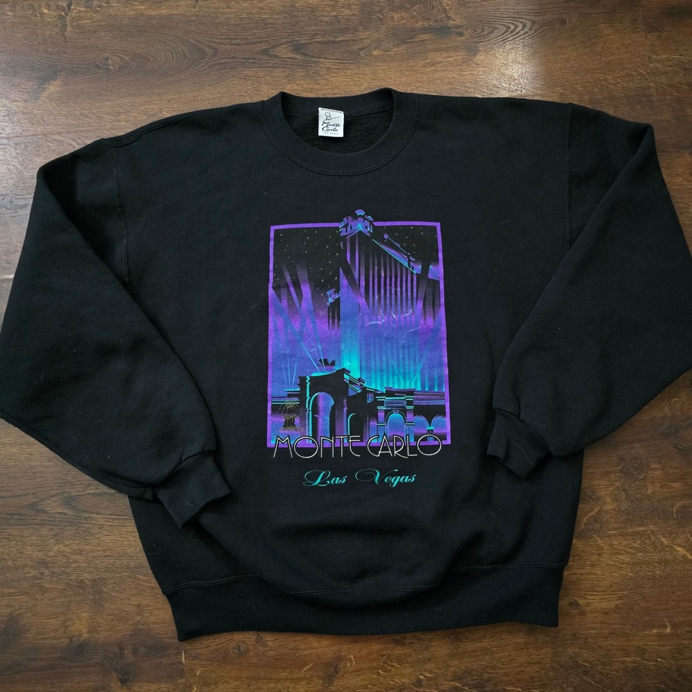 Vintage Monte Carlo Las Vegas Sweatshirt Black Neon Graphic Made in USA Large